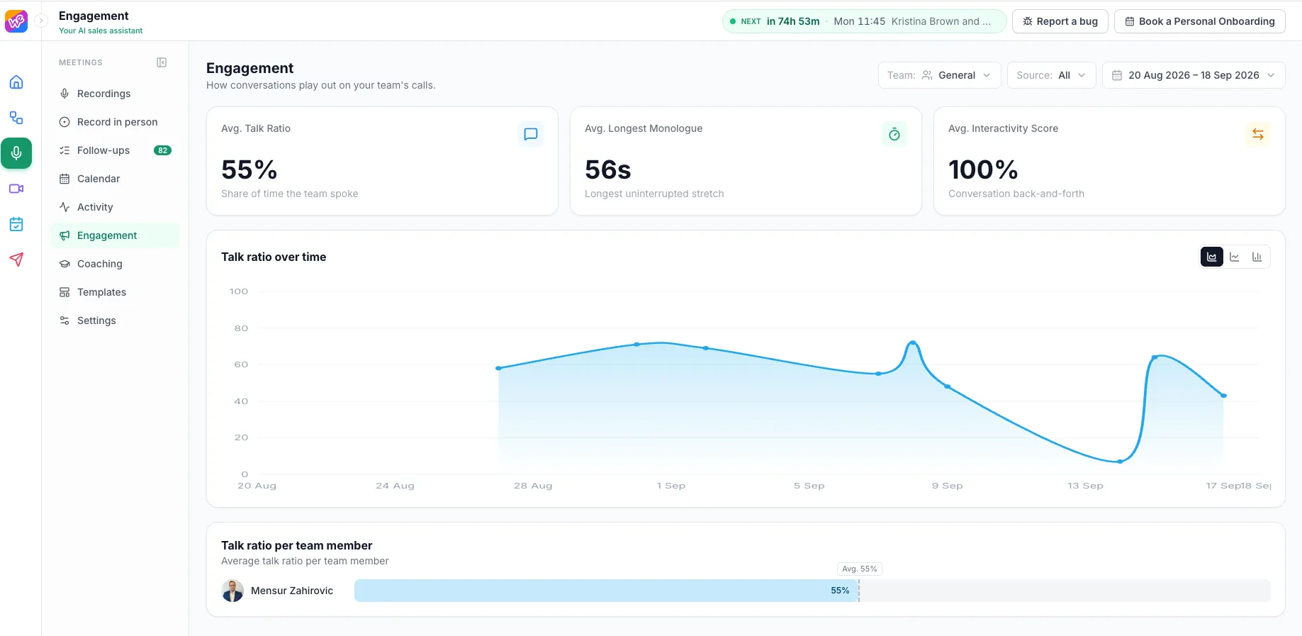 Weezly Engagement analytics: average talk ratio, longest monologue, interactivity score, talk ratio over time and per team member