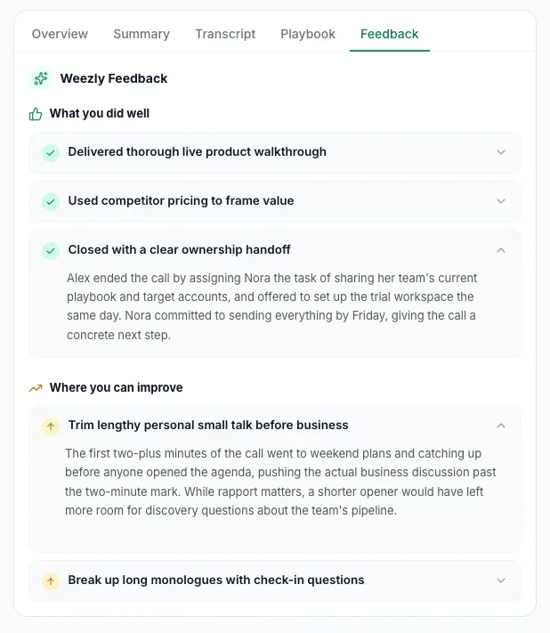 Feedback tab for one call: what you did well and where you can improve, each point linked to the moment in the recording
