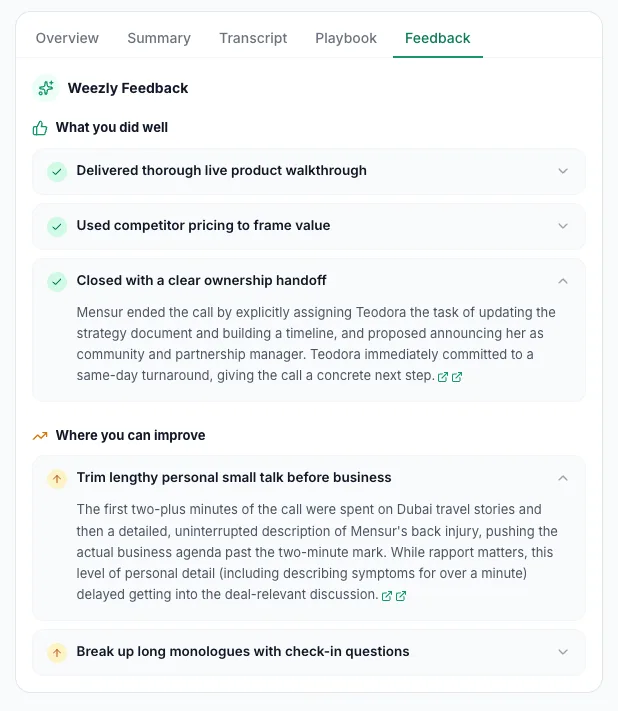Feedback tab for one call: what you did well and where you can improve, each point linked to the moment in the recording