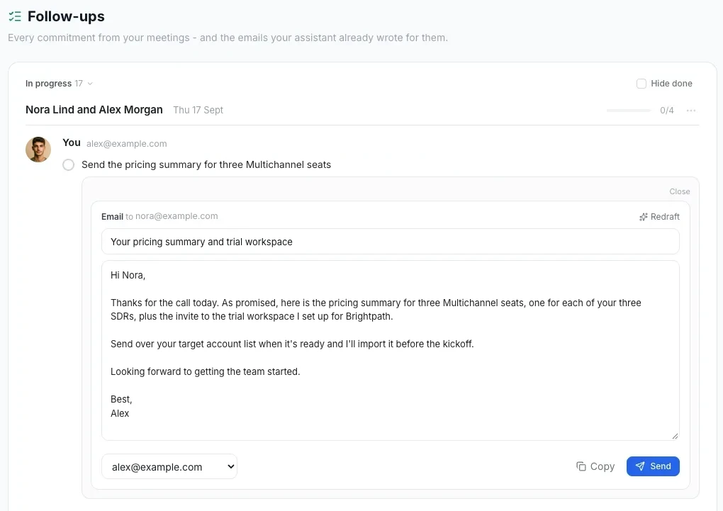 A follow-up email drafted from the call, attached to its task, with the sending mailbox chosen and a Send button
