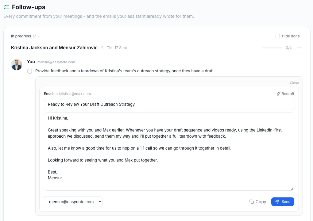 A follow-up email drafted from the call, attached to its task, with the sending mailbox chosen and a Send button