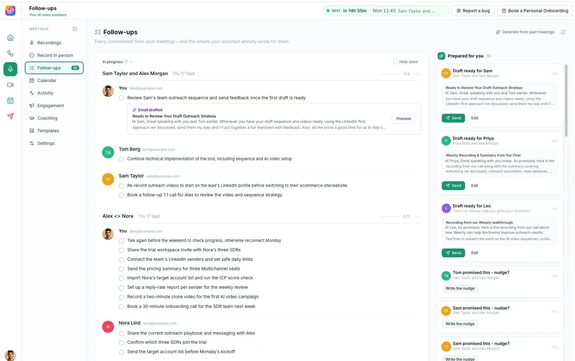 Weezly Follow-ups page: every commitment grouped by meeting and person, drafted emails inline, and the Prepared for you panel with Send and Edit buttons