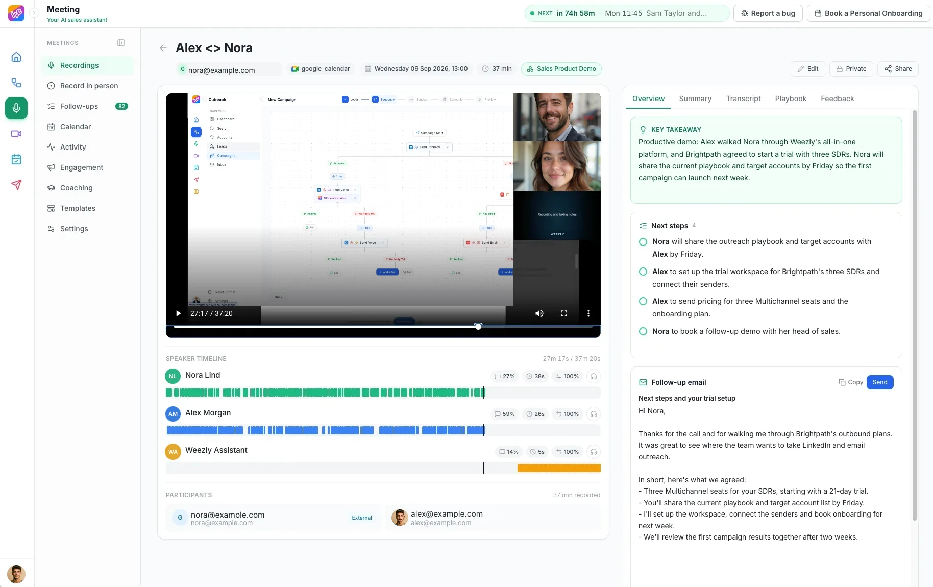 Weezly AI Sales Assistant meeting overview: recording, speaker timeline, key takeaway, next steps and the drafted follow-up email