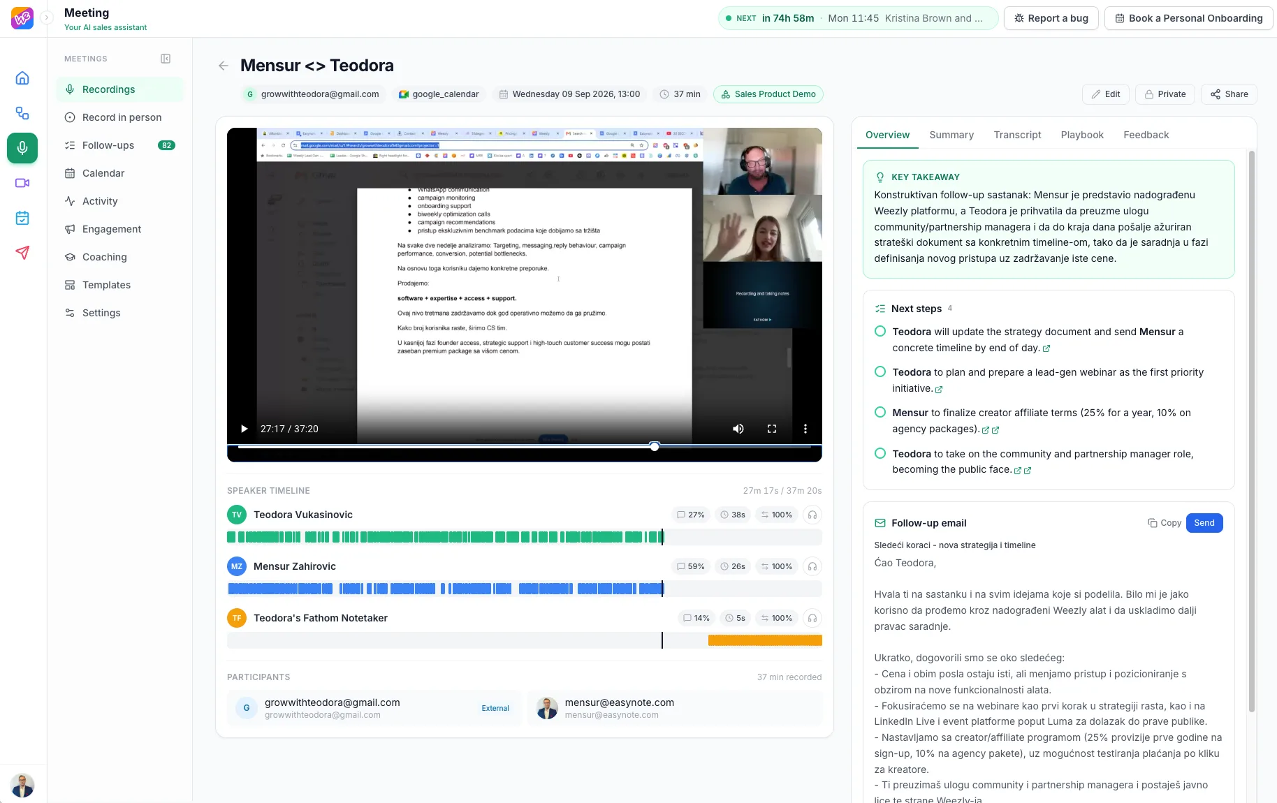 Weezly AI Sales Assistant meeting overview: recording, speaker timeline, key takeaway, next steps and the drafted follow-up email