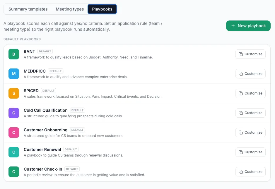 Playbooks settings: seven default playbooks with application rules