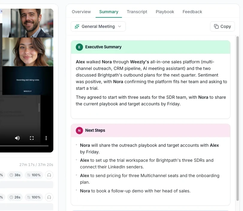 Weezly meeting summary with the General Meeting template, executive summary and next steps, every line with an evidence link