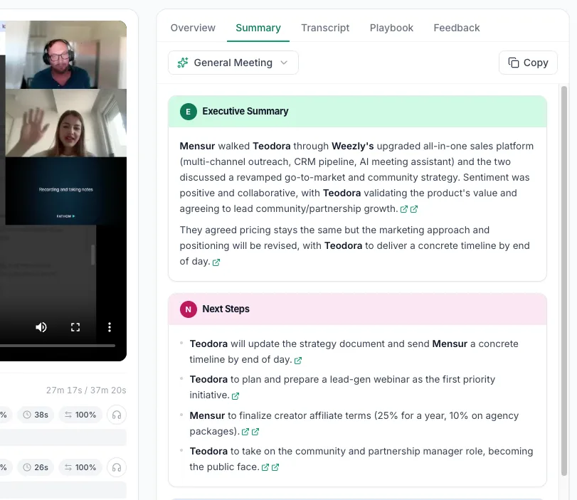 Weezly meeting summary with the General Meeting template, executive summary and next steps, every line with an evidence link