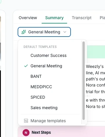 Template picker: Customer Success, General Meeting, BANT, MEDDPICC, SPICED, Sales meeting