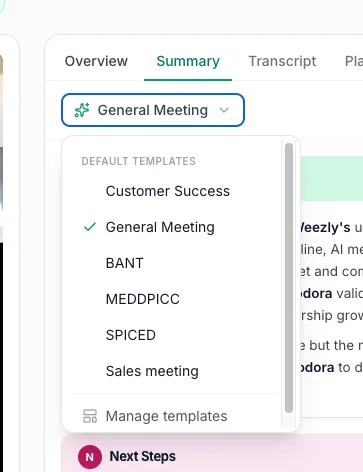 Template picker: Customer Success, General Meeting, BANT, MEDDPICC, SPICED, Sales meeting
