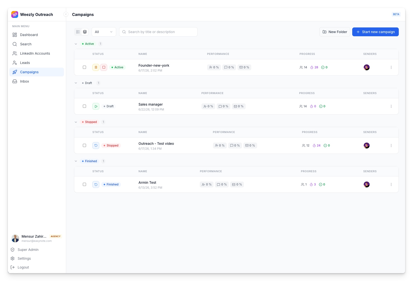 Real Weezly campaign folders: one workspace per client