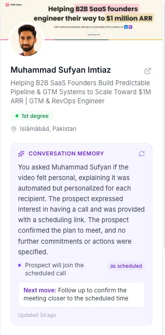 Conversation memory panel in the Weezly Unibox: an AI summary of the thread, the prospect's commitment and the suggested next move