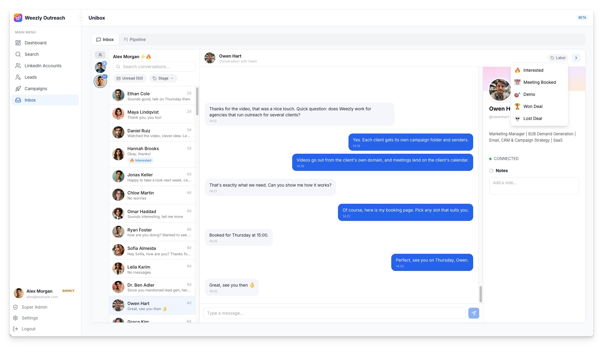 The real Weezly unified inbox with LinkedIn replies