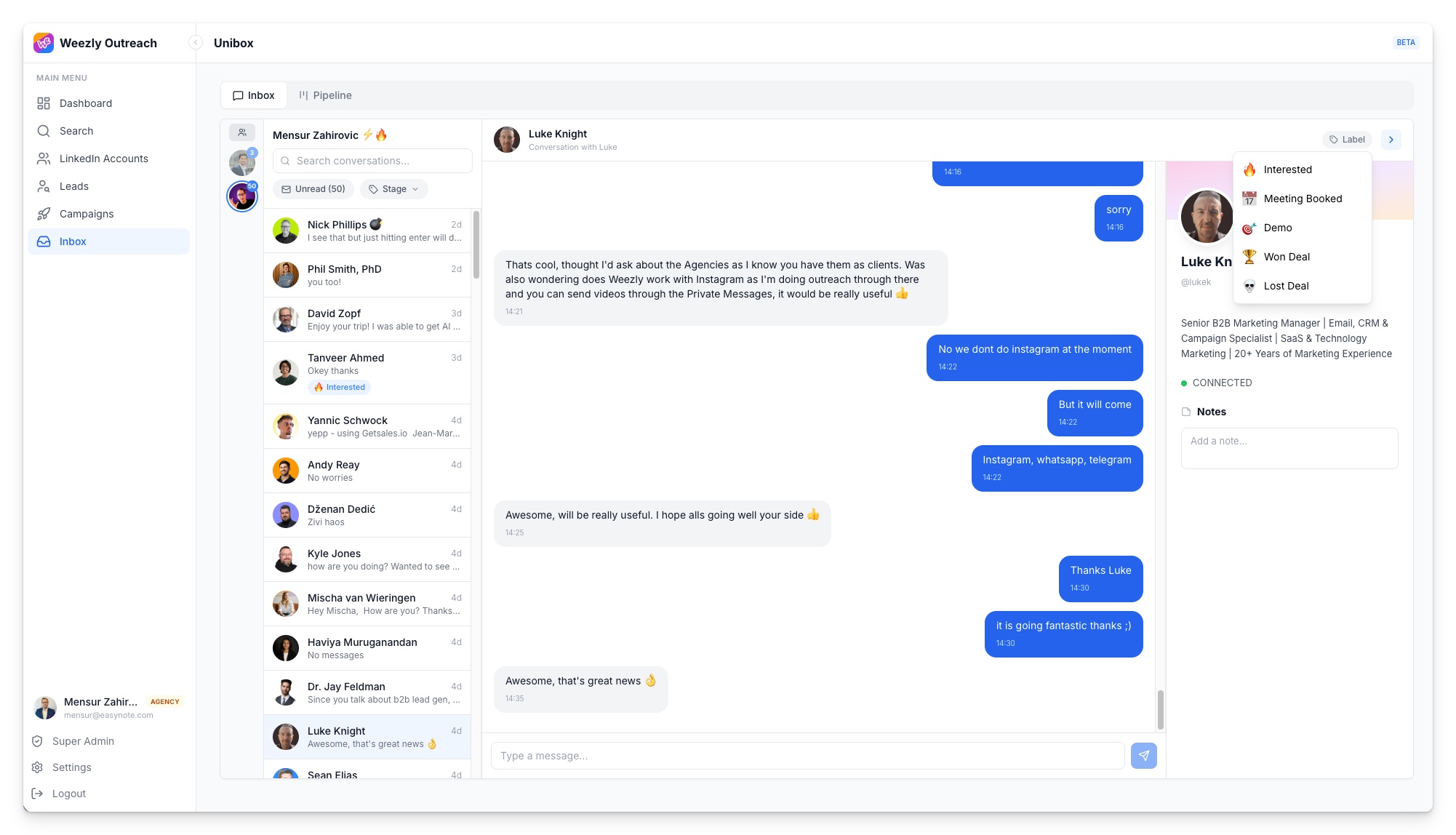 The real Weezly unified inbox with LinkedIn replies