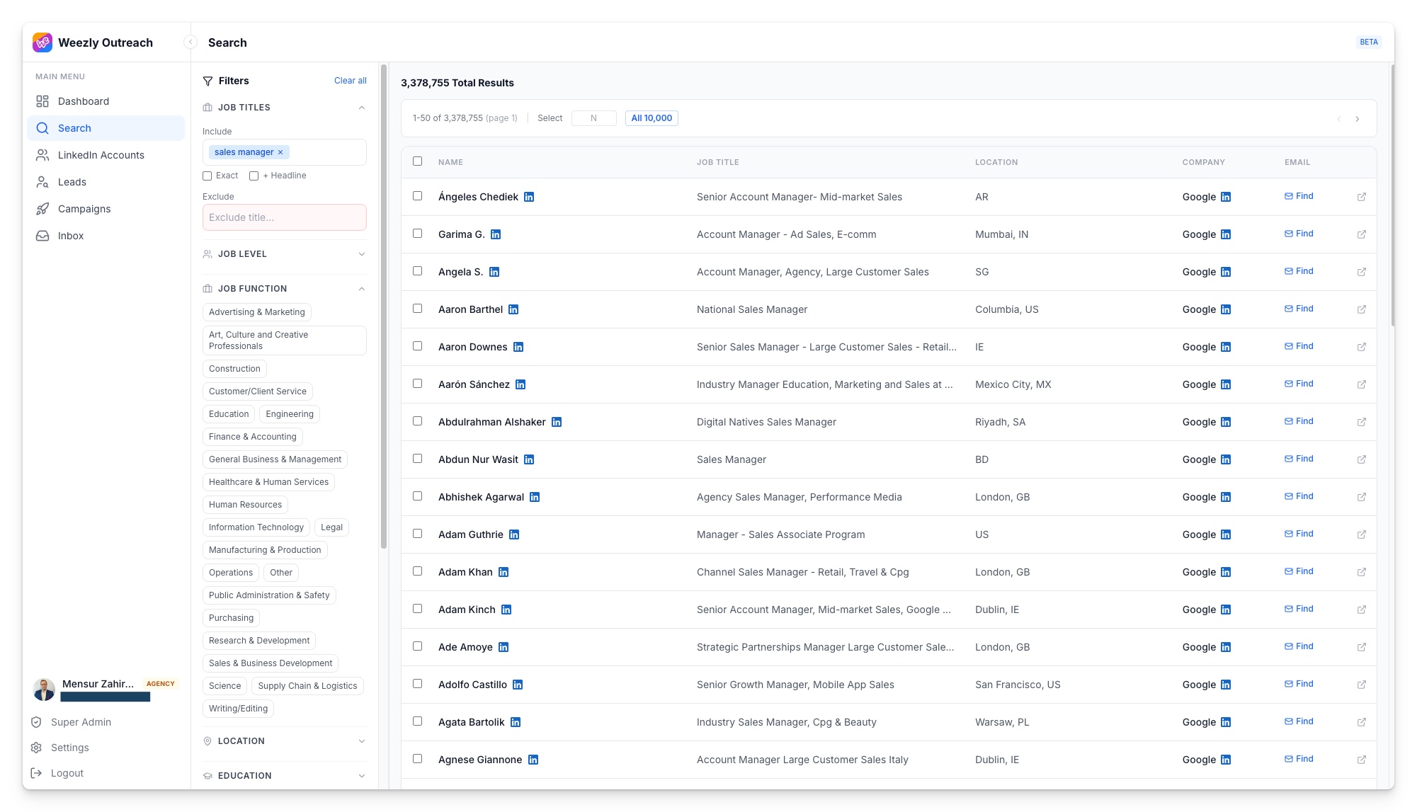 The real Weezly leads database: 3.2M sales managers with emails verified at search time