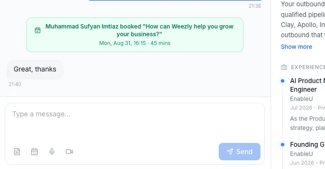A booked-meeting event inside a Weezly Unibox thread showing the booking page name, date, time and duration