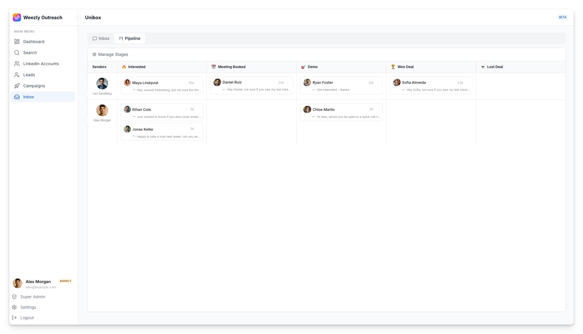 The real Weezly deal pipeline: AI-read replies moving from Interested to Won