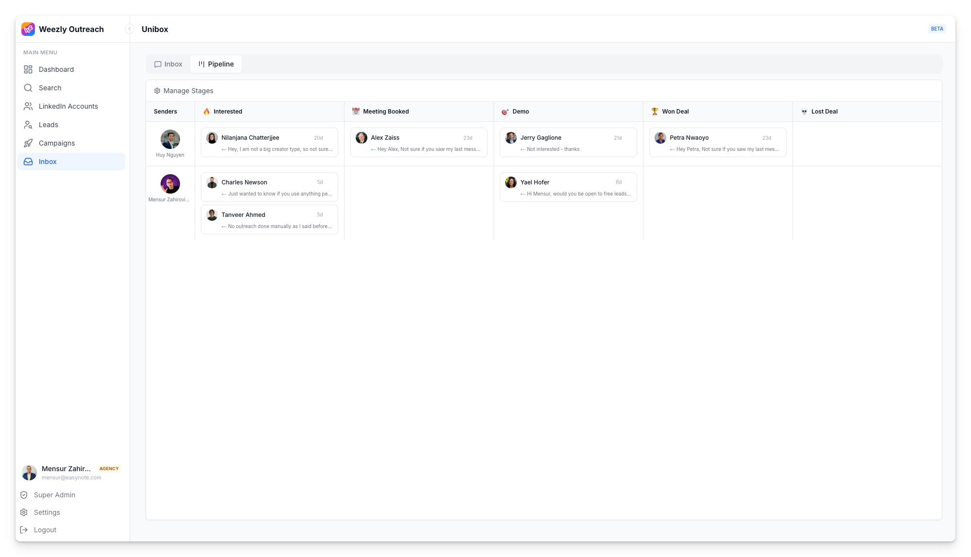 The real Weezly reply pipeline: AI-read replies moving from Interested to Won