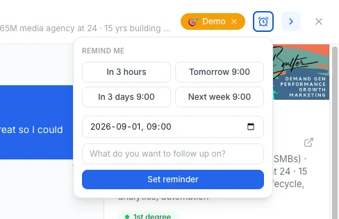 Remind me popover in the Weezly Unibox with In 3 hours, Tomorrow 9:00, In 3 days and Next week presets