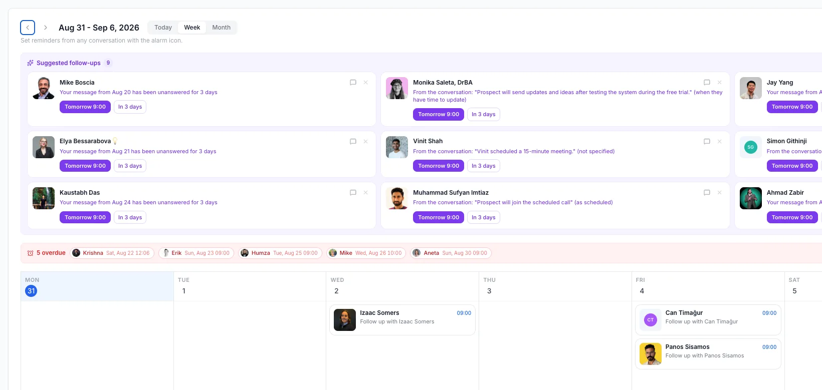 The real Weezly follow-ups calendar: AI-suggested follow-ups with one-click Tomorrow 9:00 and In 3 days buttons, overdue reminders, and the week view