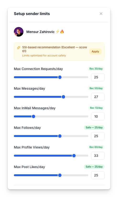 The real Weezly sender limits panel with SSI-based recommended daily limits