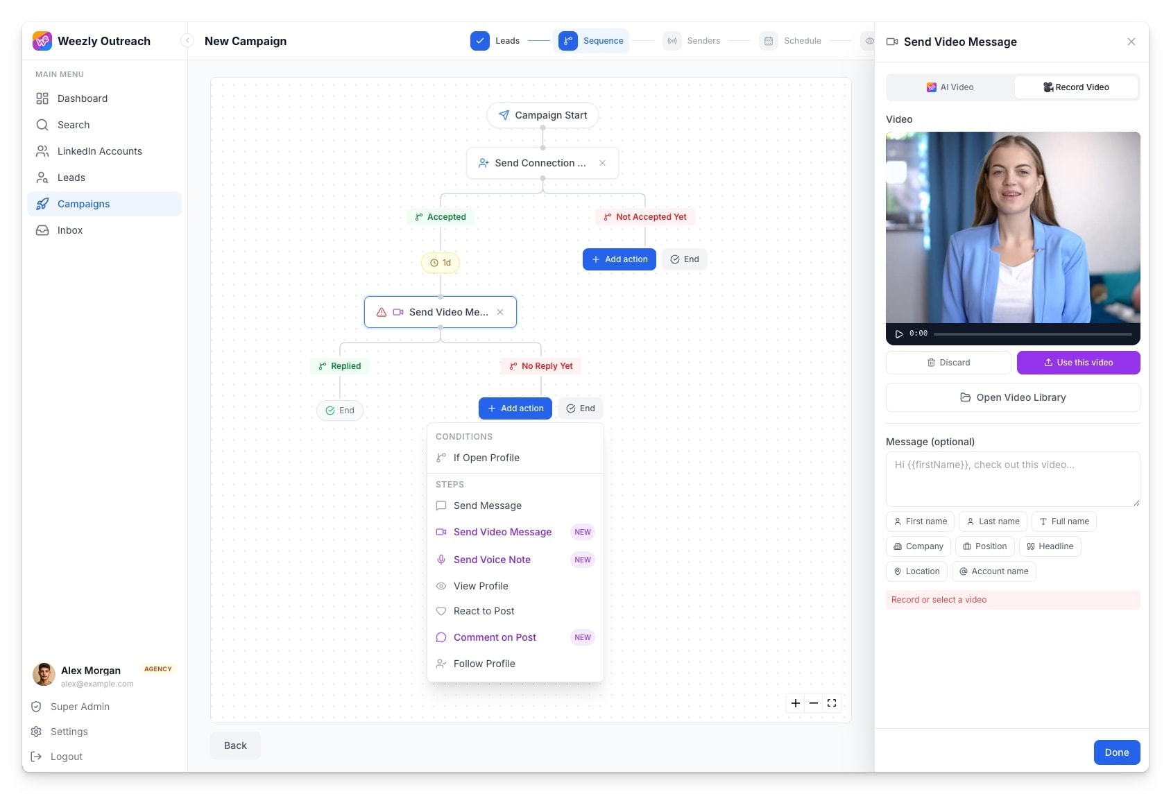 The real Weezly Outreach sequence builder with branching steps