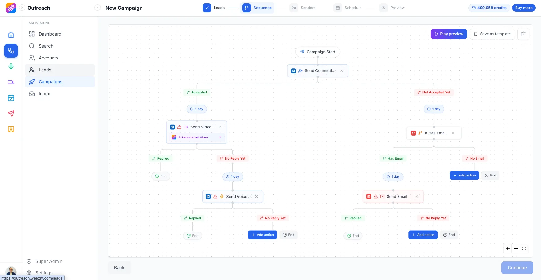 The real Weezly Outreach campaign builder: a LinkedIn branch with an AI video and voice note, and an email branch behind an If Has Email condition