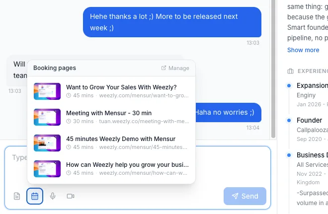 Booking pages picker inside the Weezly Unibox reply box, with four booking pages ready to drop into the conversation