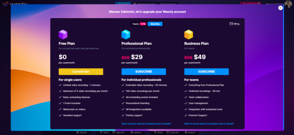 How to upgrade Weezly: Monthly Plan