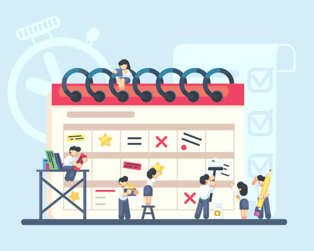 Planning and organization of tasks on board calendar. Group of business people make plan. Vector flat illustration.