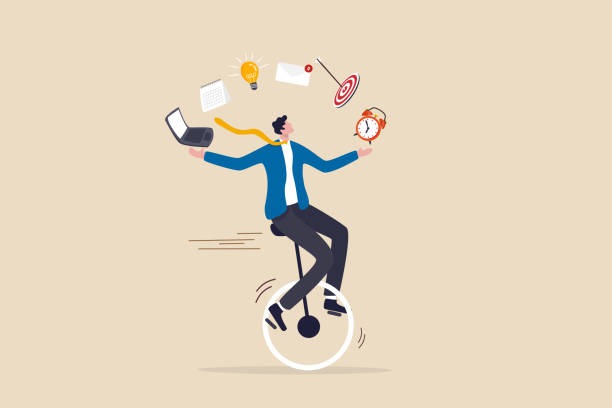 Productive master, productivity and project management skill, multitasking work and time management concept, skillful businessman riding unicycle juggling elements, laptop, calendar, ideas and emails.