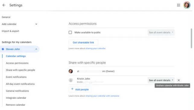 The last step of unsharing a Google Calendar