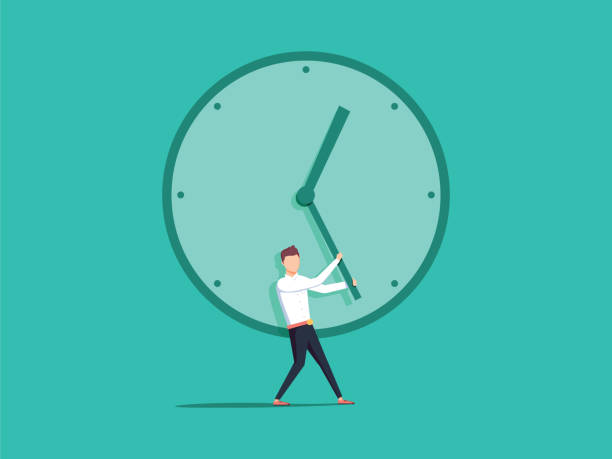 Business deadline or time vector concept. Businessman pulling minute hand. Eps10 vector illustration. Freelance programmer struggling with the deadline. Outsource employee Lack of time concept.