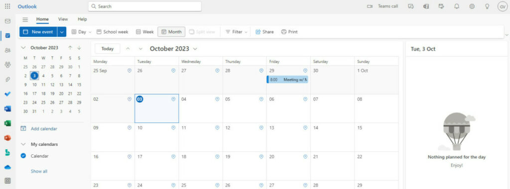 Outlook interface calendar