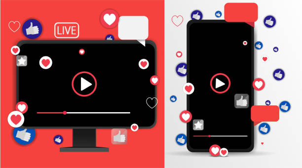 video marketing tools.: Video screen play button, Streaming preview template, 3d with likes and hearts, happy live, social media concept with media icons, chat box and , creative design, cute mobile phone and monitor vector
