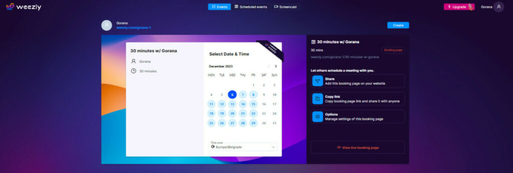 Weezly's interface: step 5, creating booking page. Create Your Weezly Account.