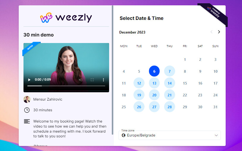weezly's booking page; ModernMeeting Invites with Weezly appointmet scheduling