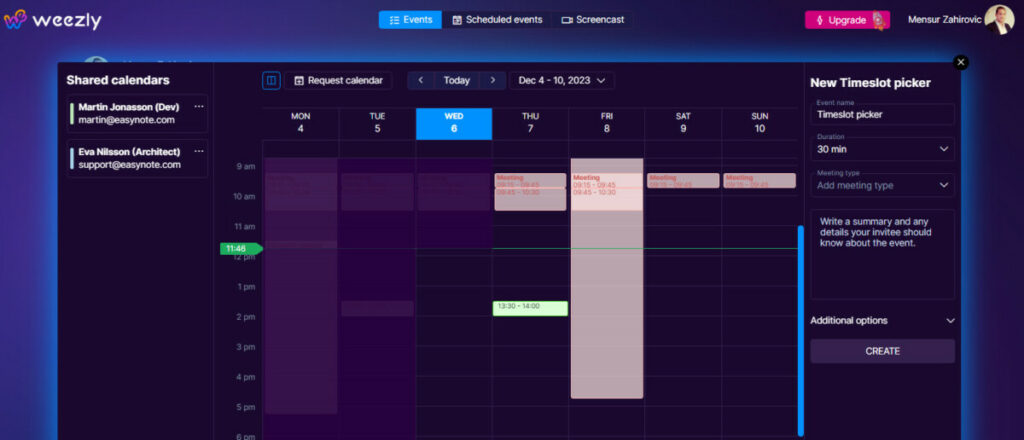 timeslot picker in weezly: Shared Calendars