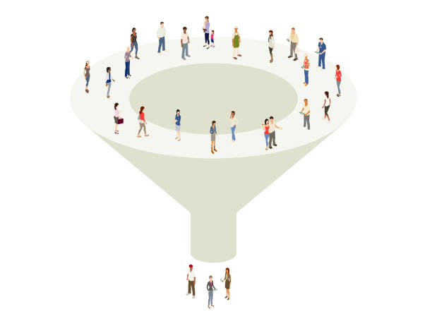 Illustration of a sales sales funnel with a variety of people at the top and bottom