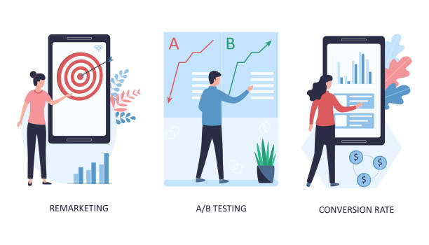 Convert Leads to Customers. 3 concepts remarketing, a / b testing, conversion rate. Testing advertisements to return potential and regular customers to the site, increasing conversions. Flat vector illustration white background.