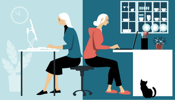 Hybrid Work Schedule. Woman in hybrid work place sharing her time between an office and working from home remotely, EPS 8 vector illustration