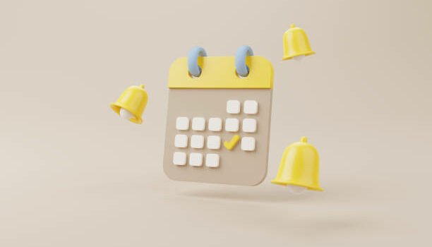 Yellow notification bell ringing and calendar deadline on brown background. 3d rendering illustration