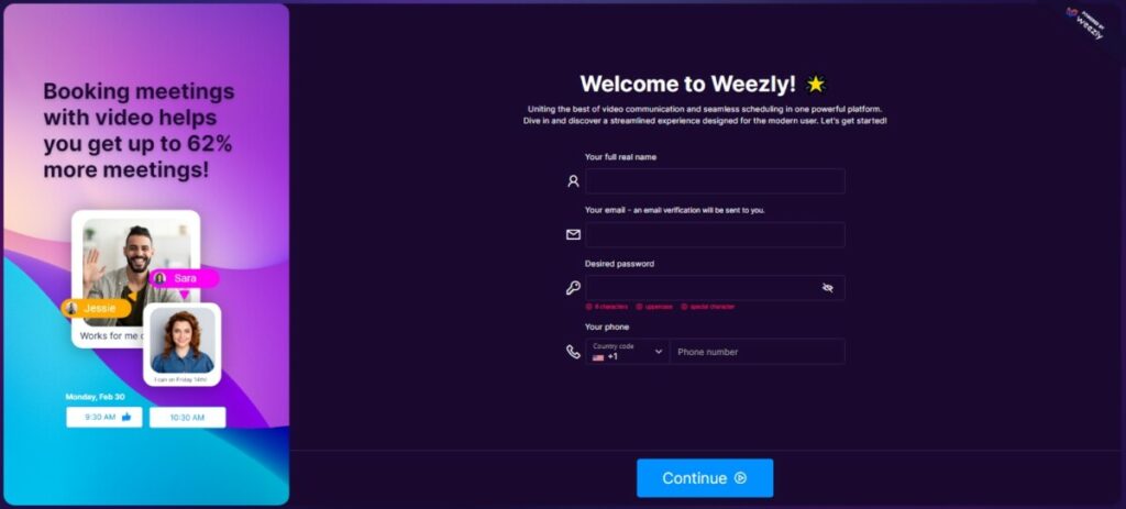 Weezly's interface: step 1, sign up to Weezly