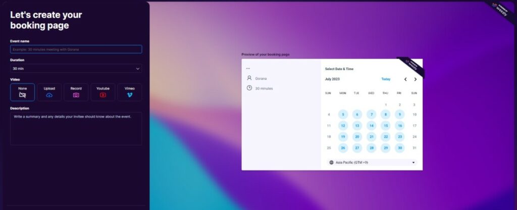 Weezly's interface: step 4, creating booking page. Create Your Weezly Account and booking page.