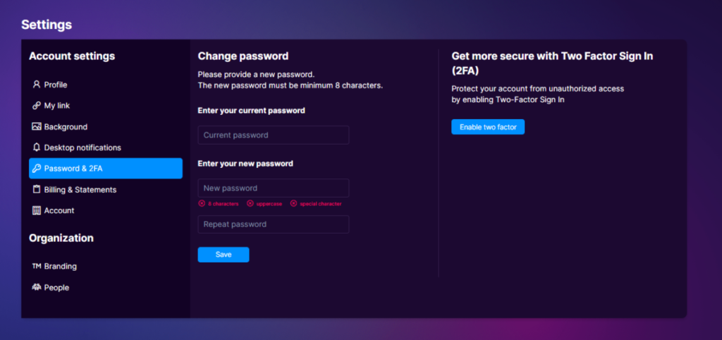 Account settings: Password & 2FA