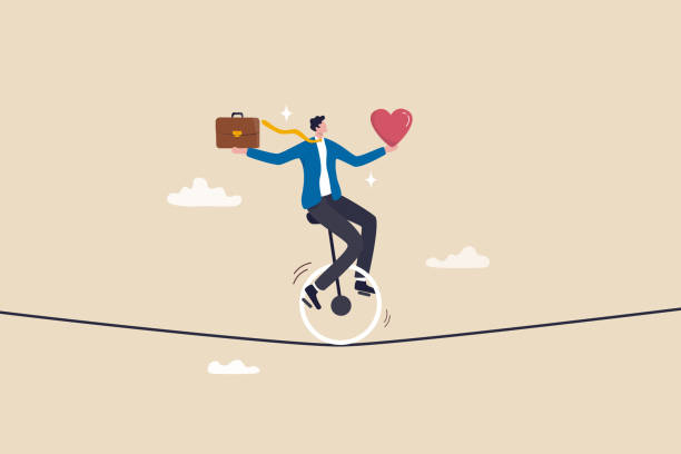 Work life balance, working lifestyle compromise with family or personal health, choice or balance between work stress and relaxation concept, businessman balance himself with heart and briefcase.