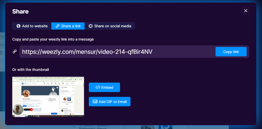 Share a link in Weezly:How to share a video message