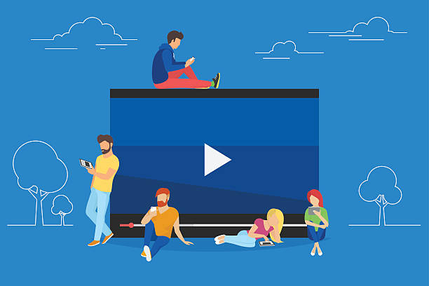 The Ultimate Guide to Video Email Marketing:  Video watching concept illustration of young people using mobile gadgets, tablet pc and smartphone for live watching a video via internet. Flat design of guys and women staying near big symbol