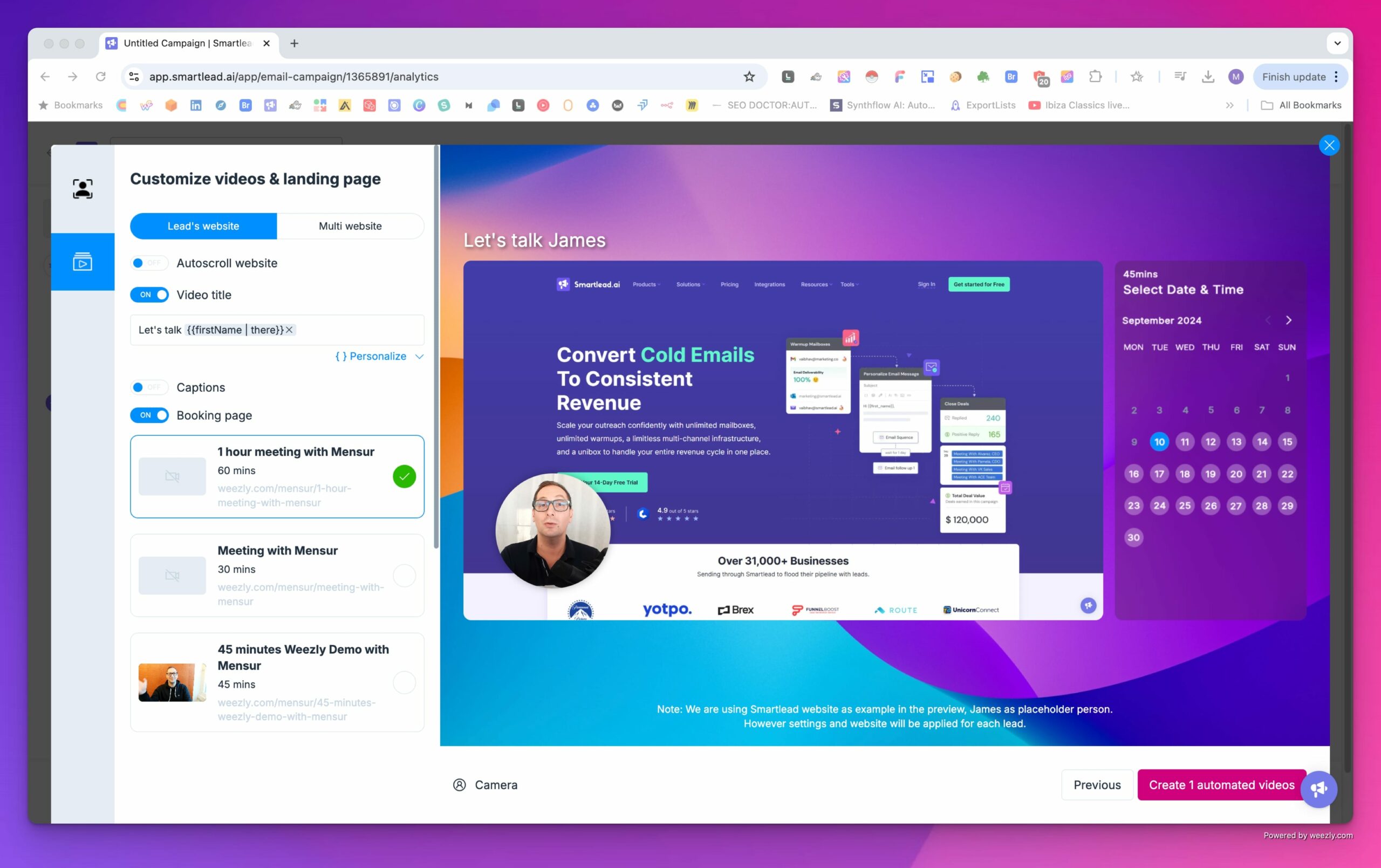 Smartlead landingpage builder for personalized ai sales videos