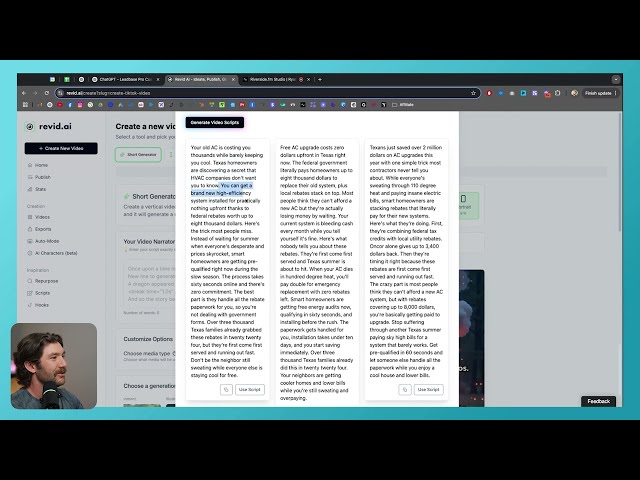 Script prompt input and AI-generated ad copy shown side by side for HVAC targeting