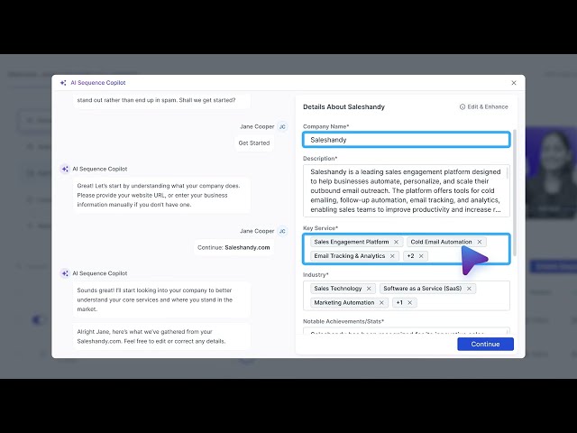 Cold email sequence editor displaying a multi-step campaign with personalized placeholders and dynamic content.
